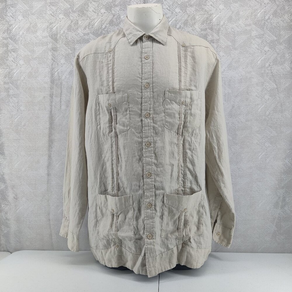 Cubavera Guayabera Shirt Mens XLT Beige 100% Linen Long Sleeve Beige Tan Khaki